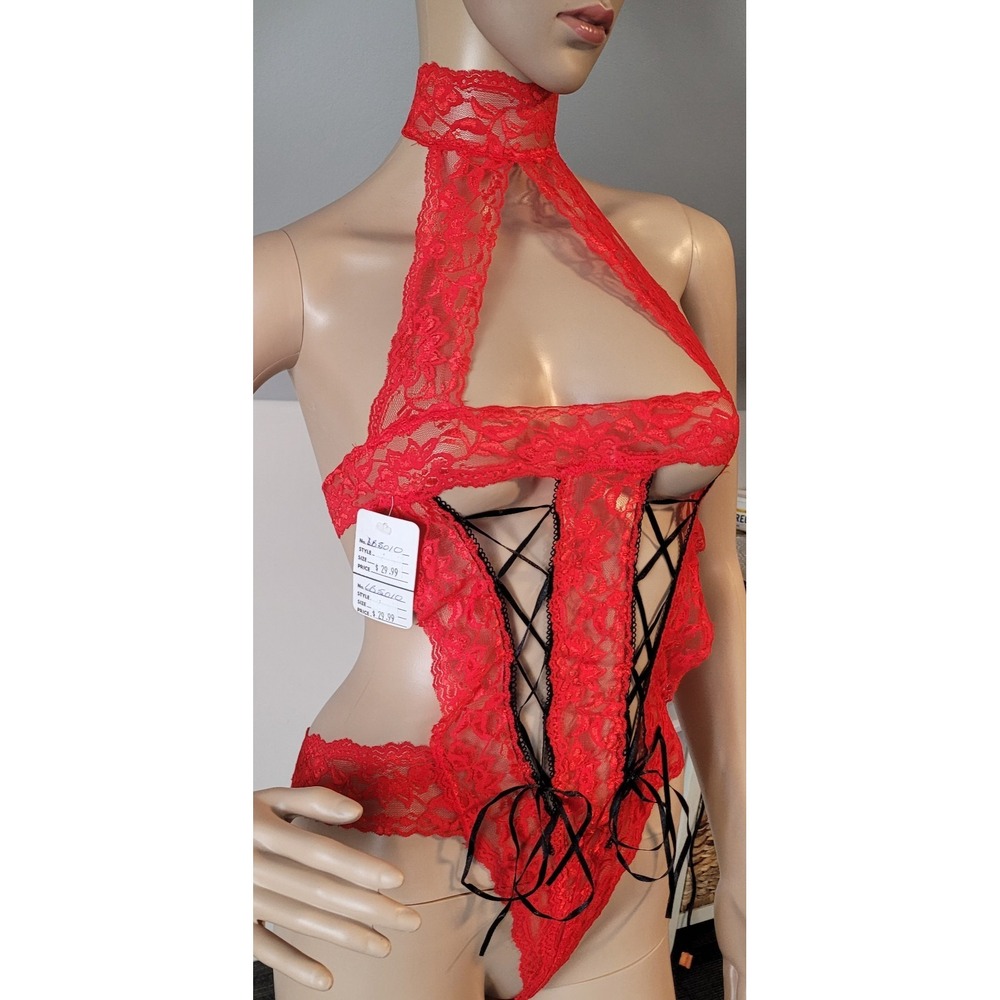 Women's Sexy Red with Black Lace Up Nylon Teddy  With G-String Bottom Size S/M‎ - Picture 5 of 10